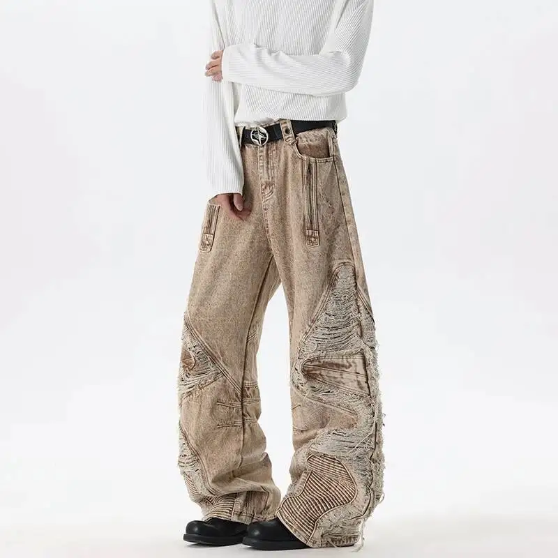 Men's Ripped Streetwear Patchwork Cargo Jeans Washed Brown Wide Leg Baggy Fit Casual Premium Denim Long Pants 2JWO