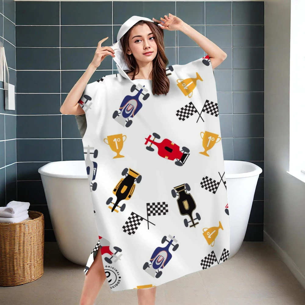 Kids Adults Race Car Hooded Beach Robe Microfiber Quick Dry Absorbent Changing Towel Robe Swim Cover Up for Surfing Swimming
