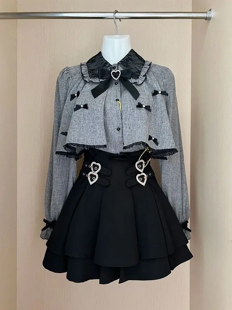Nieuwe Japanse Stijl Leuke 2-delige Sets Vrouwen Zoete Korte Cape Sjaal Patchwork Shirt + Rok Pak Vrouwen Y2k Elegant Design Kleding