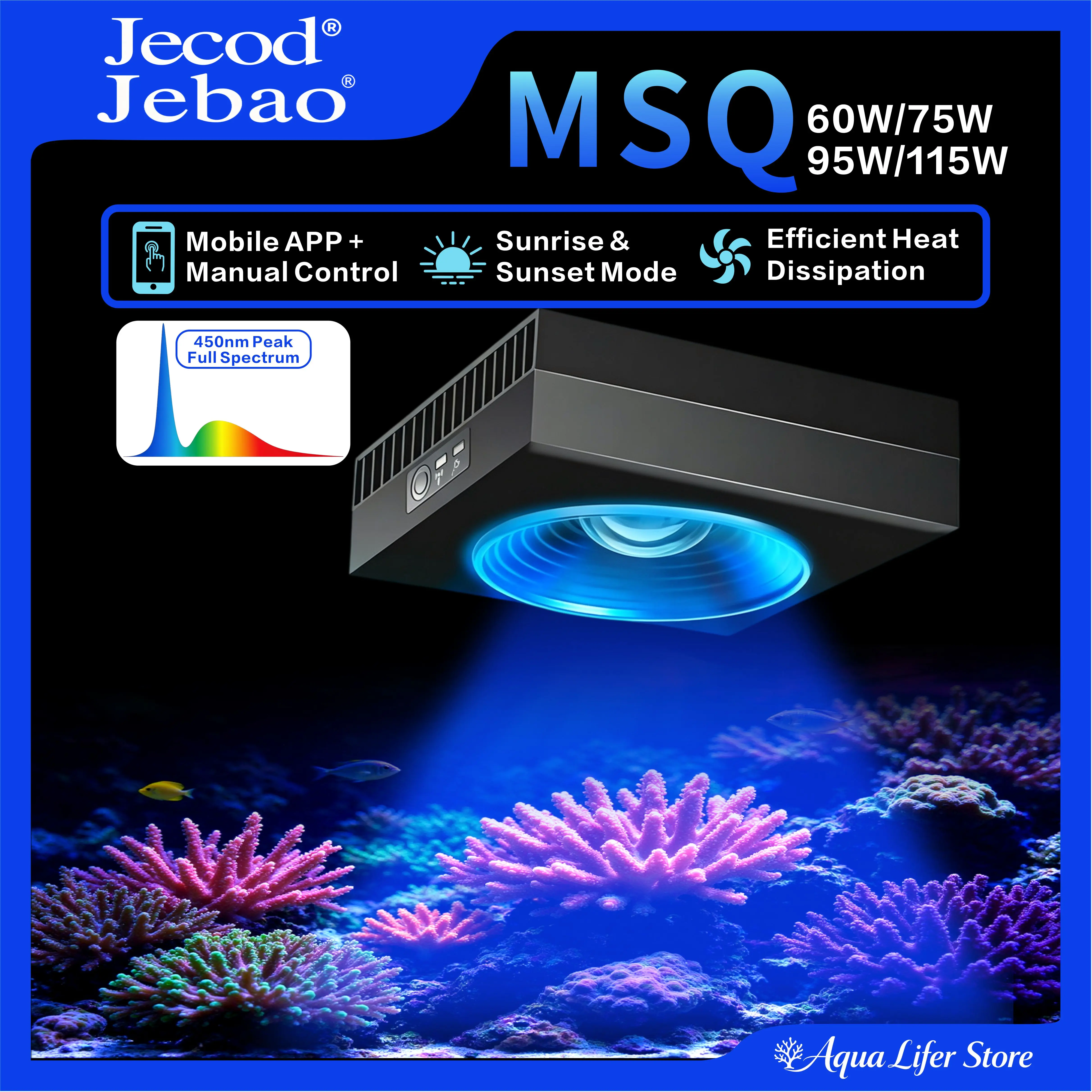 jebao-jecod-msq-フルスペクトル・コーラルリーフledライト。wi-fi対応アプリで調光可能な、海水水槽用の海洋水槽ライト。sps（小型サンゴ）およびlps（大型サンゴ）に対応。