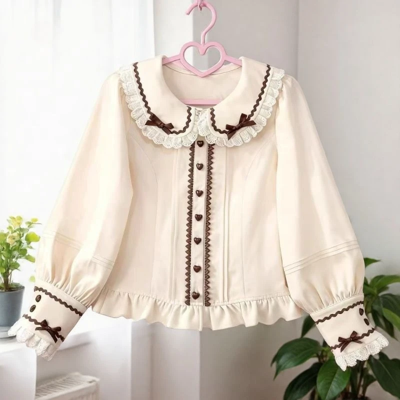 

Deeptown Japanese Style Lolita Blouses Women Kawaii Sweet Lace Bow Long Sleeve Shirts Vintage Cutecore Preppy Style Ruffle Tops