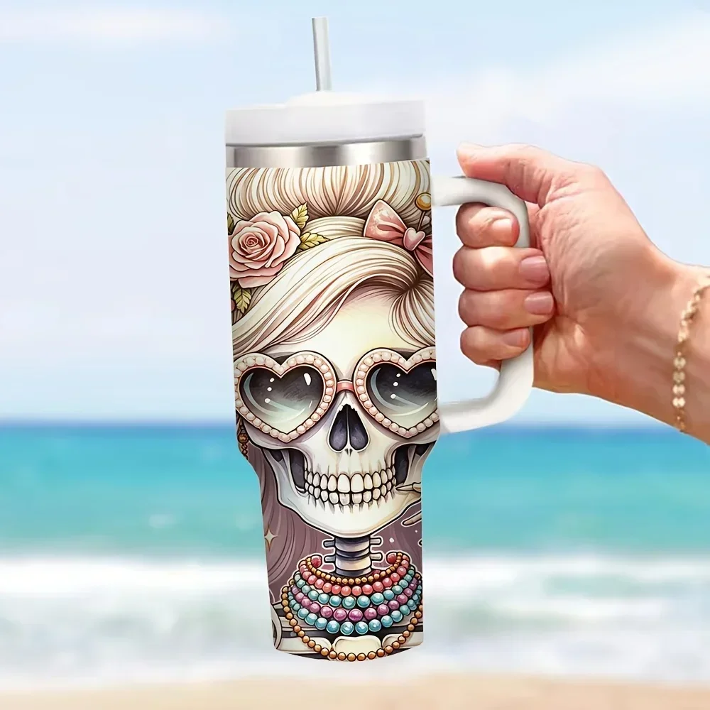 40oz Tumbler with Handle, Insulated Cup for Both Hot And Cold Drinks, Pink Glam Skeleton Print for Women, Ideal for Daily Use, Travel And Outdoor Activities