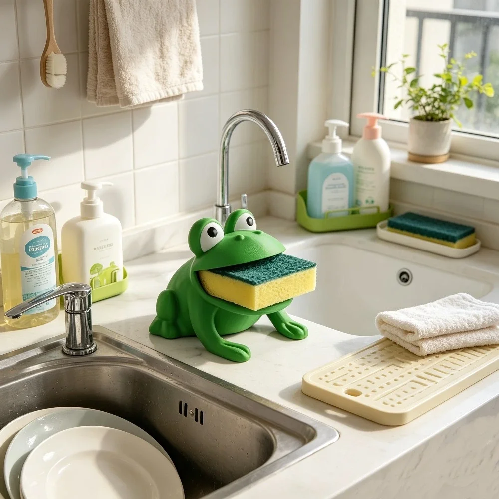 Frog-shaped sponge dishwashing brush holder with drainage system view 2