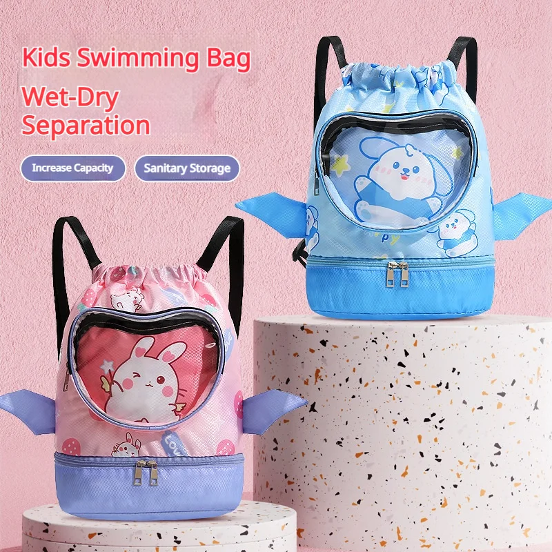 Kids Cartoon Swim Bag with Shoe Compartment, Dry-Wet Separation water sports Waterproof Drawstring Backpack for Boys and Girls