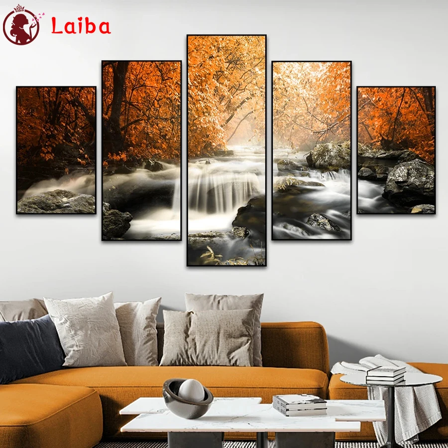 Diamond Painting Autumn Tree Waterfall Landscape 5d Cross Stitch Diamond Embroidery Mosaic Gift Home Decor Picture 5pcs