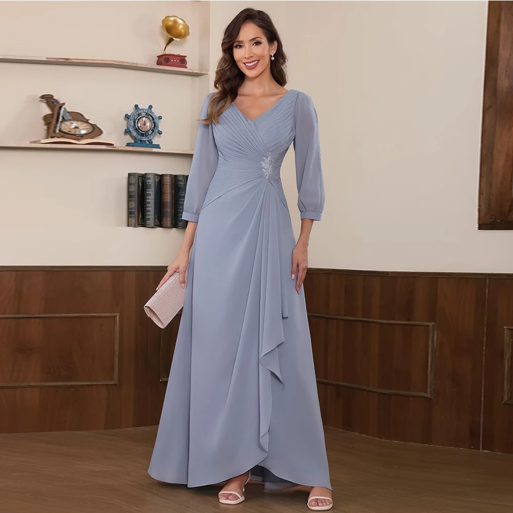 

Customized Exquisite Women's Long Ruched Chiffon Mother of The Bride Dresses for Wedding 3/4 Sleeve Evening Formal Gown Ruffles