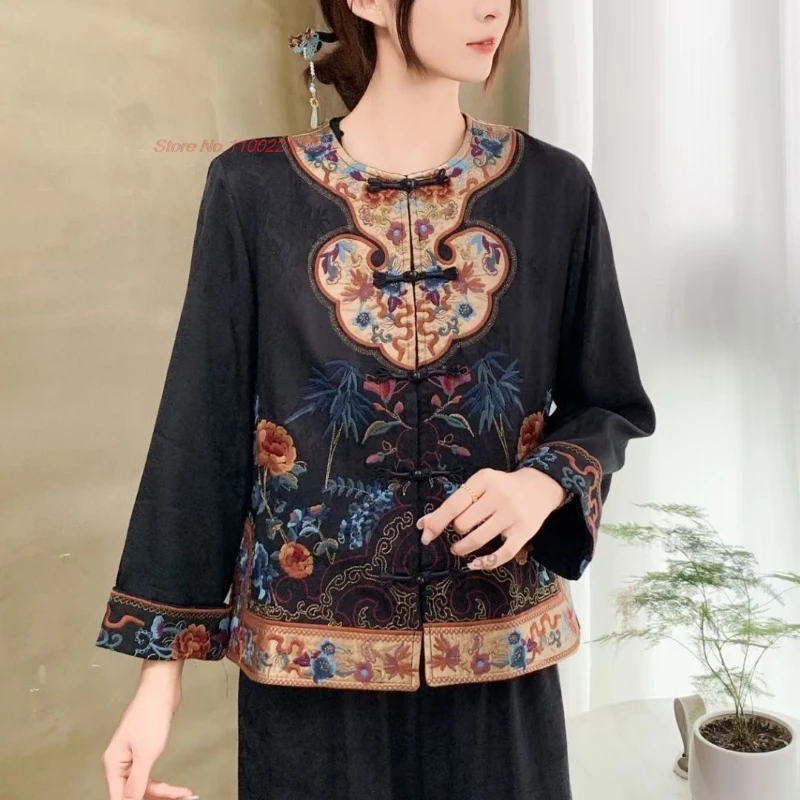 

2025 chinese vintage coat national flower embroidery satin jacquard folk jacket retro hanfu tops traditional o-neck ethnic coat