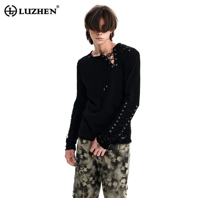 LUZHEN 2026 New Stylish Cross Weave Drawstring Design Knitted Pullover Men's Trendy Solid Color High Quality Casual Tops JY8677
