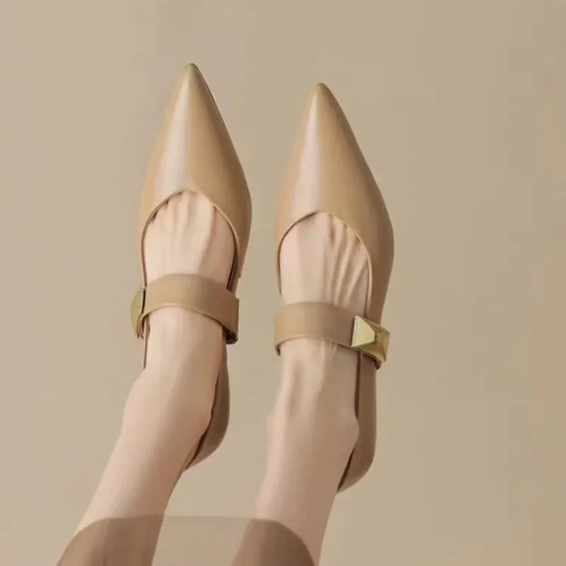 

Fashionable Soft Pointed End Buckle Strap Casual Women's Shoes New Style with Simple Temperament Summer Back Empty High Heels