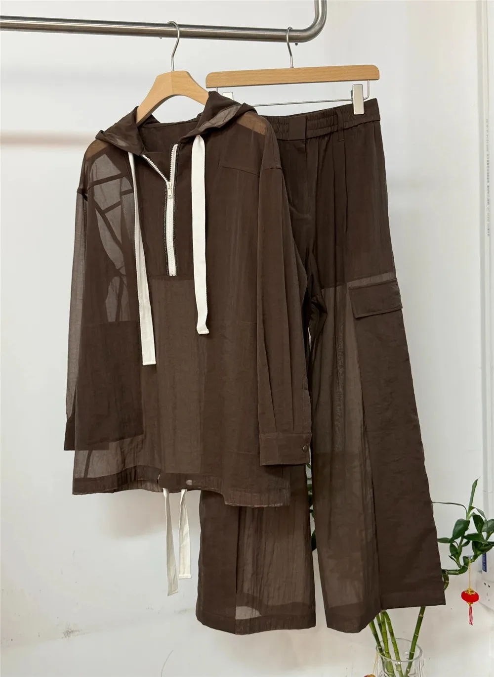 

2025 Spring Summer Women Pants Suit Hooded Cardigan Jacket+ High Waist Straight-leg Pants 2-Piece Set