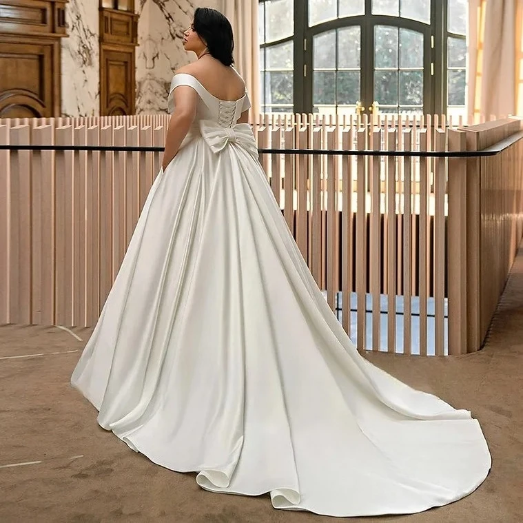 A-line Simple Satin Wedding Dresses Off Shoulder Sleeveless Bridal Dress 2026 Long Bride Gowns with Bow vestidos de novia