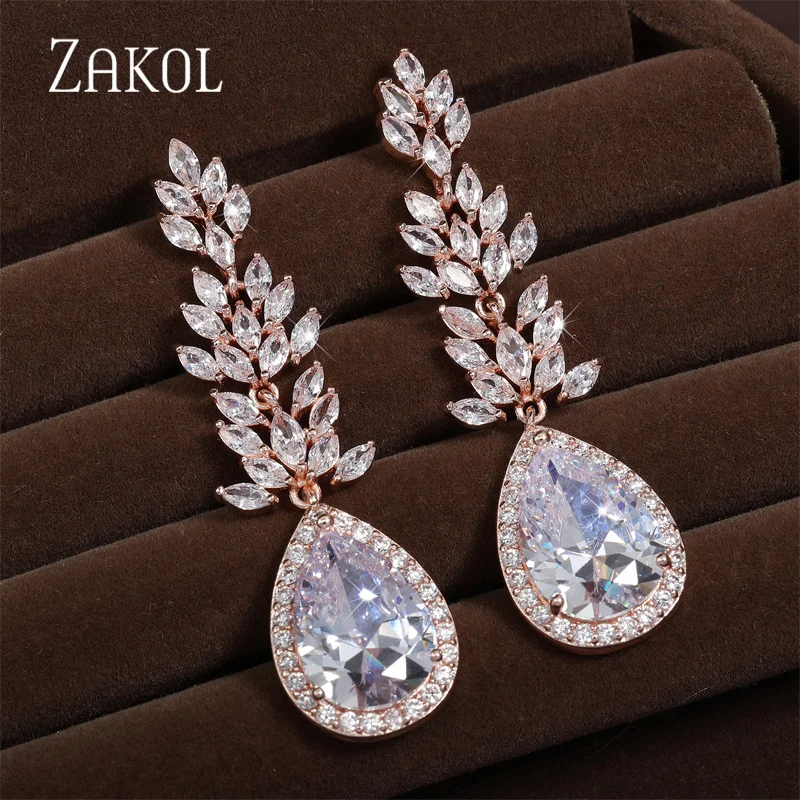 ZAKOL Classic Sliver Color Leaf Crystal Long Bridal Earrings for Women Fashion Water Drop Cubic Zirconia Bridal Wedding Jewelry