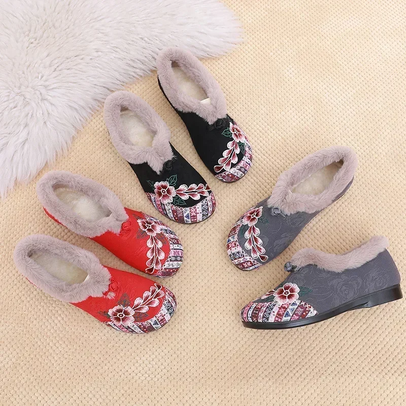 Comemore Women Short Plush Warm Winter Cotton Shoe Ethnic Embroidered Round Toe Flat Heeled Loafers Comfort Retro Mom Shoes