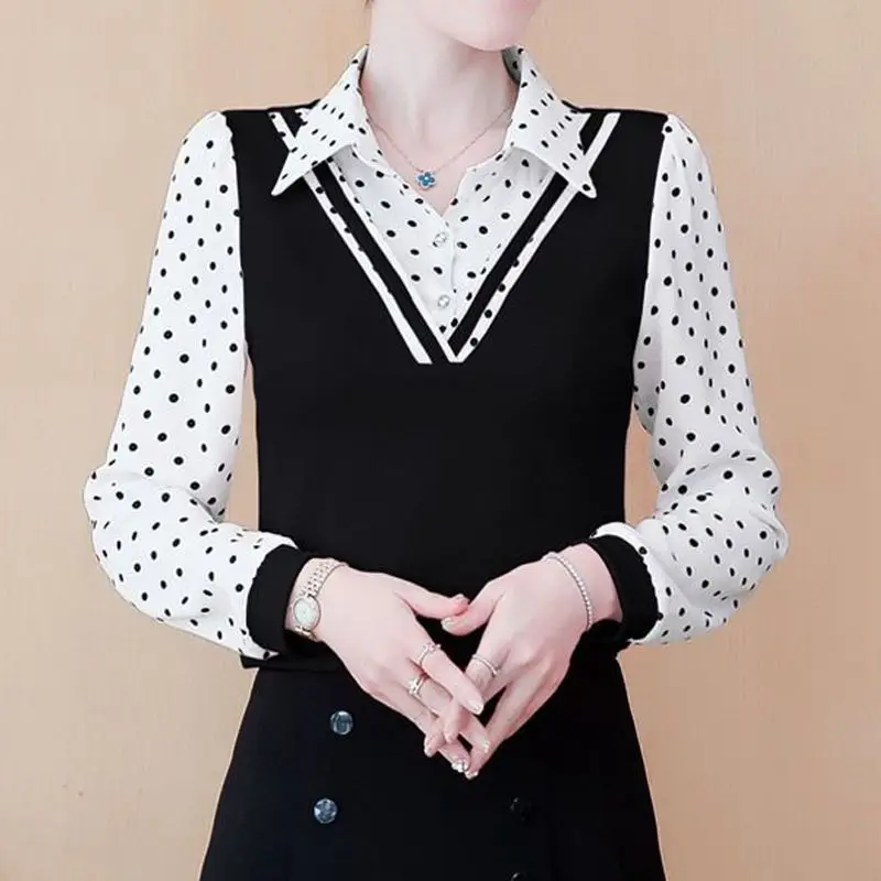 2023 New Fashion Versatile Polka Dot Print Long Sleeve T-Shirt Women Korean Polo-Neck Embroidered Flares Fake Two Pieces Tops