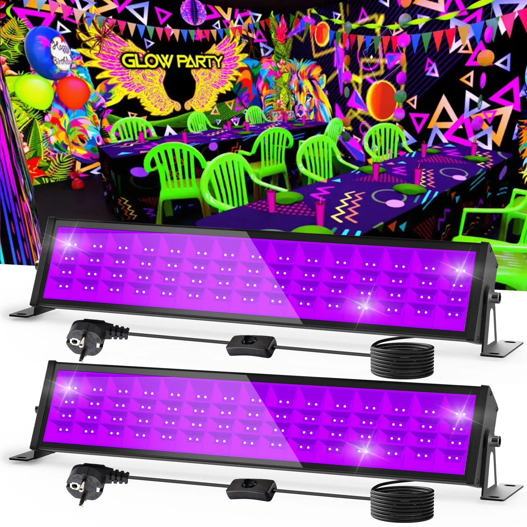 36/72W Black Light LED UV Floodlight EU Plug 400-405NM Fluorescen Glow Disco Ultraviolet Blacklight Tube for Party Stage Decor