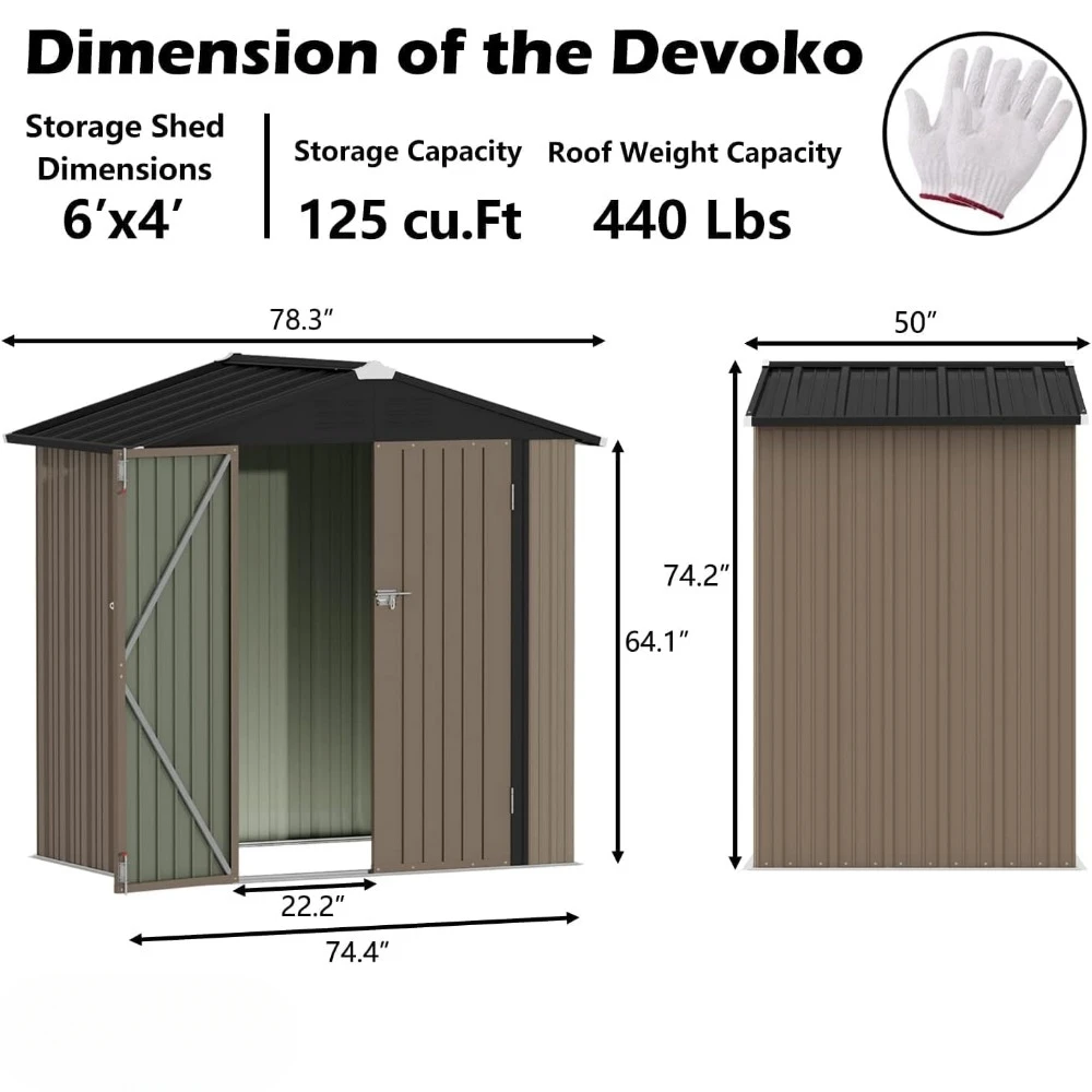 Galpão de jardim de metal com tampa, casa de armazenamento anticorrosão de aço, galpão de armazenamento externo com portas de travamento duplo, marrom, 6x4 pés