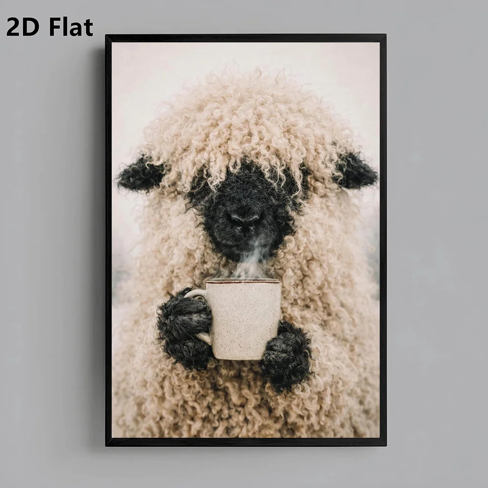 2D Flat Large Abstract Fun Sheep Coffee Poster- Unframed Vintage Restaurant Wall Decor Kitchen Art