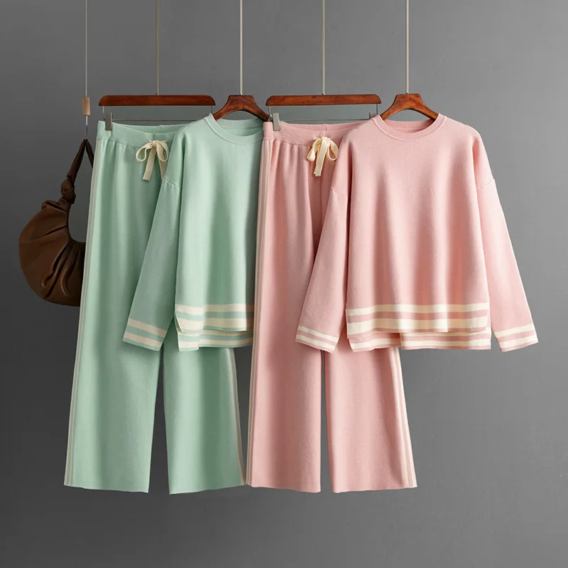 بدلة على الموضة ملابس النساء خريف شتاء جديد متماسكة س الرقبة فضفاضة البلوز سترة واسعة الساق السراويل قطعتين مجموعات ملابس نسائية