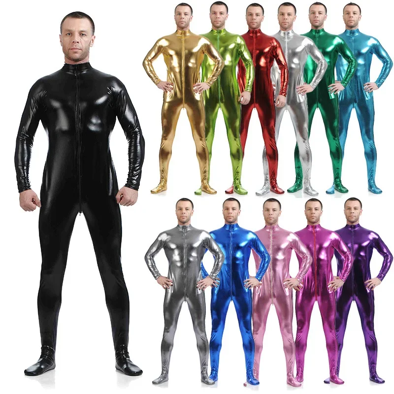 Fato Zentai de látex masculino, terno de corpo inteiro, calças justas metálicas brilhantes, bodysuit personalizado, macacão para adultos e crianças, dourado, preto