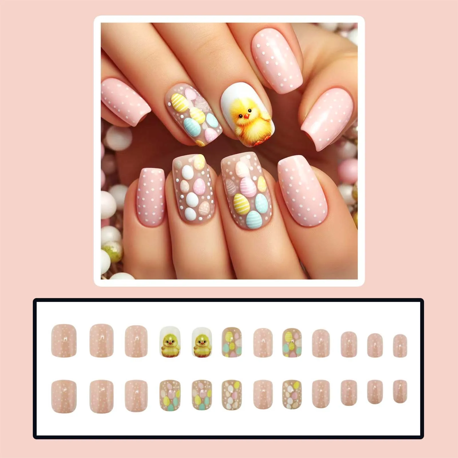 24pcs Easter Day Wearable False Nails Cute Yellow Chicken Egg Polka Dot Designs Press On Nails Short Square Sweet Fake Nail