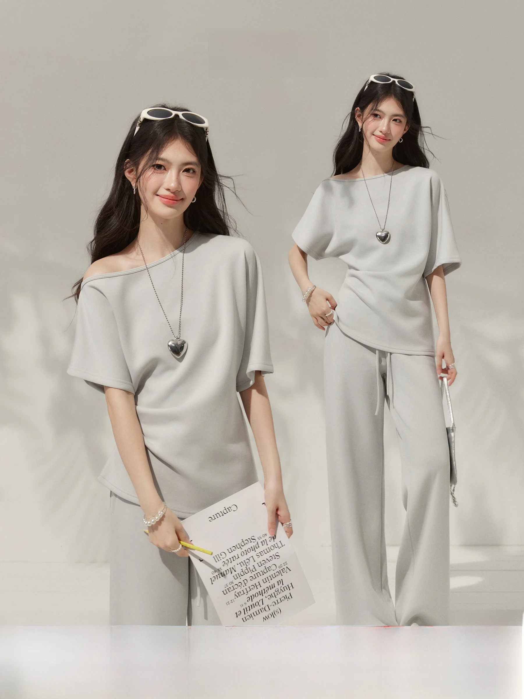 

Blue Shoulder T-Shirt Set Women's Casual Long Pants Short Sleeve T-Shirt Set Two-Piece Set Fashionable Spring Summer Wear