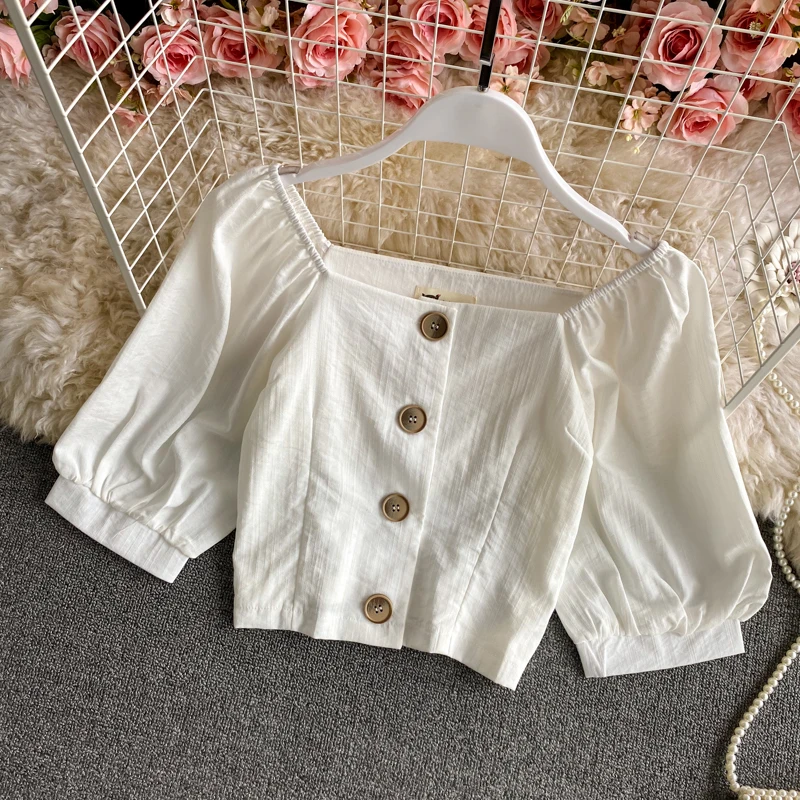 

Retro Square Collar oulder Bared ort Sve White irt Women's Design Sensation Hong Kong Sle Loose Youth Top