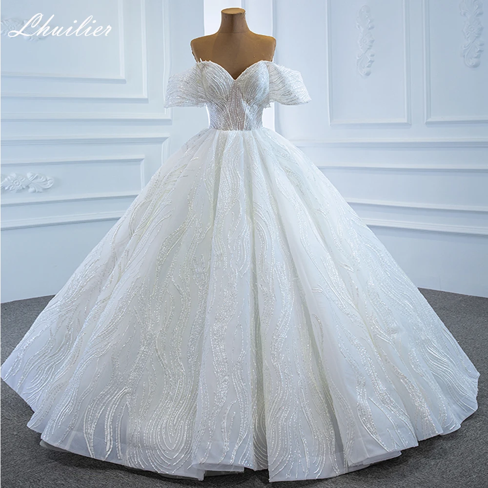 Lhuilier Real Photos Ball Gown Boat Neck Lace Wedding Dresses Off the Shoulder Ruffled Bridal Gown with Court Train