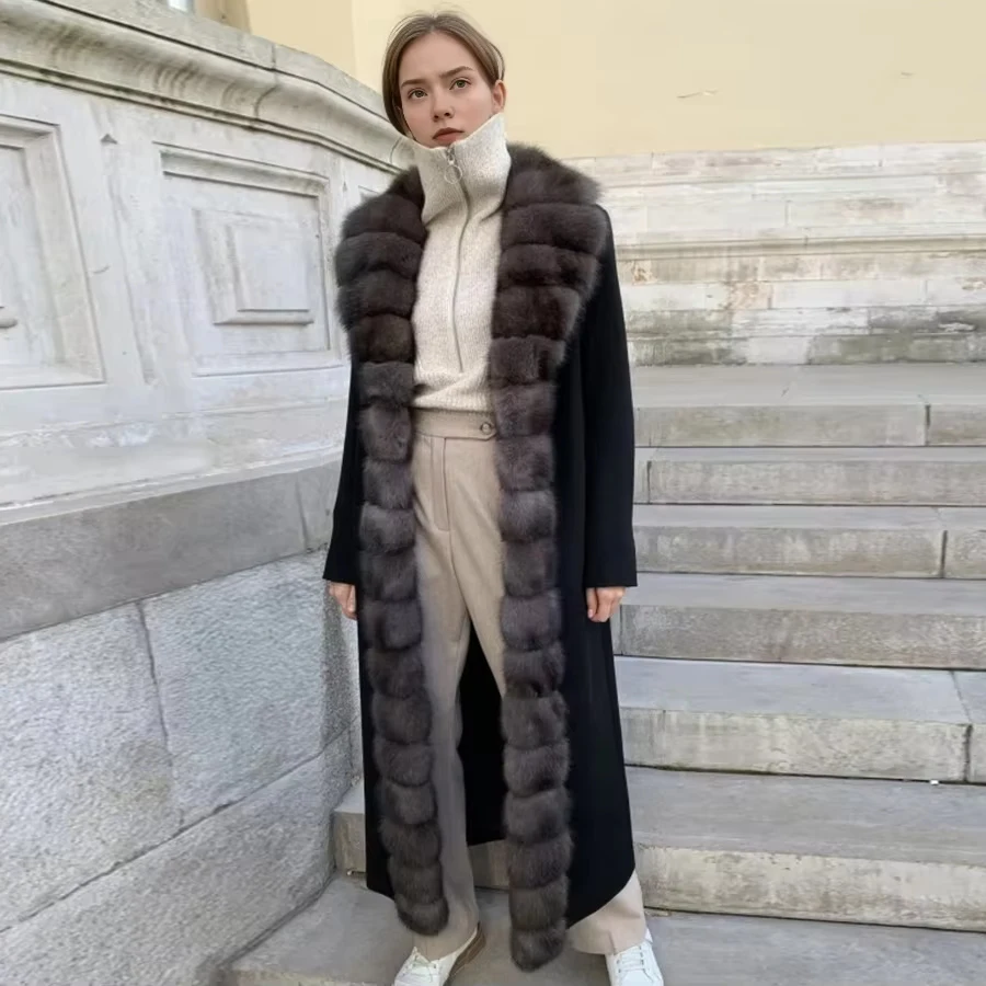 Wool Coats For Woman Natural Fox Fur Collar Best Selling Real Fox Fur Women's Long Coat
