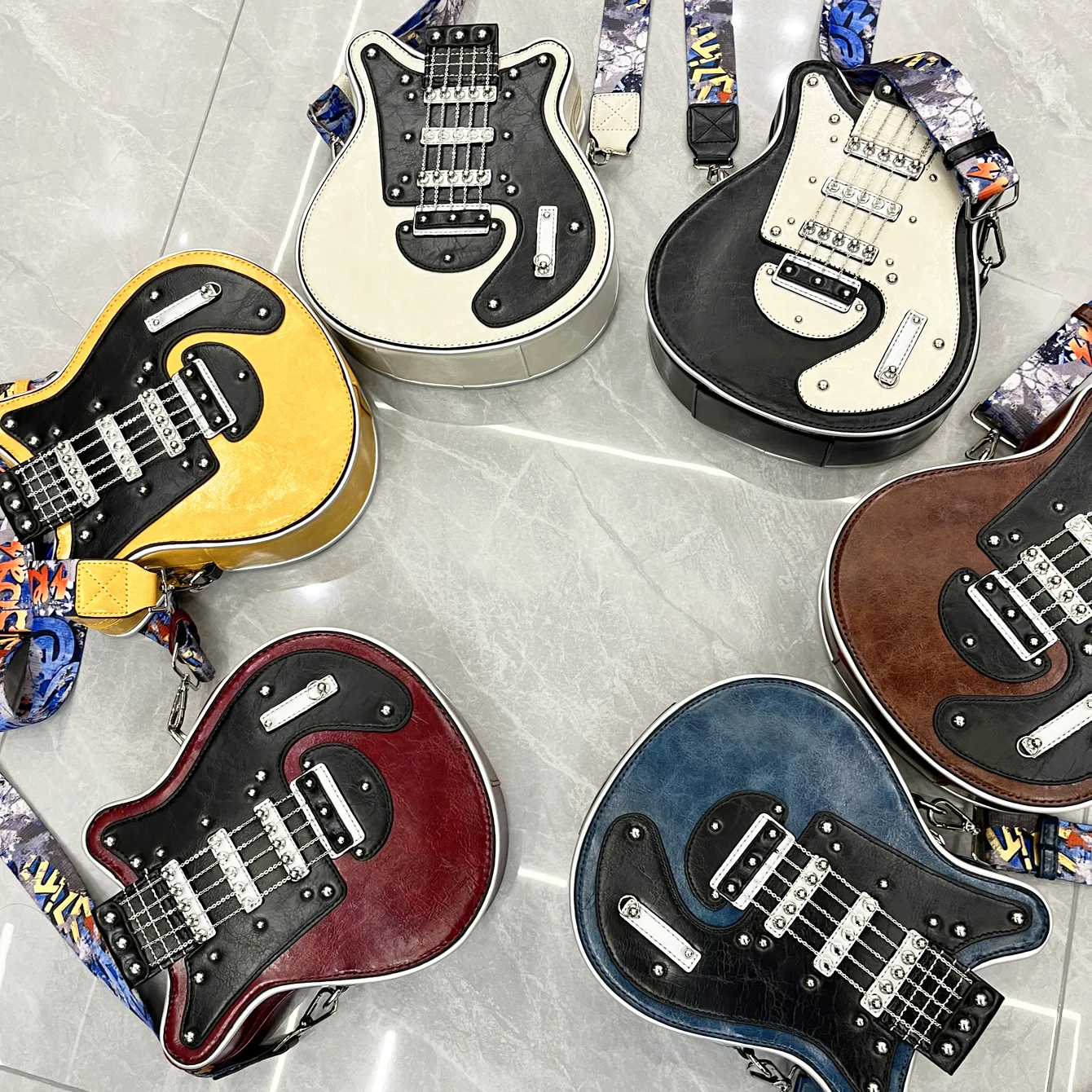 Handmade Guitar Shaped Single Shoulder Bag Women's Handbag Macaron Style Crossbody Bag Evening Bag Synthetic Leather Material