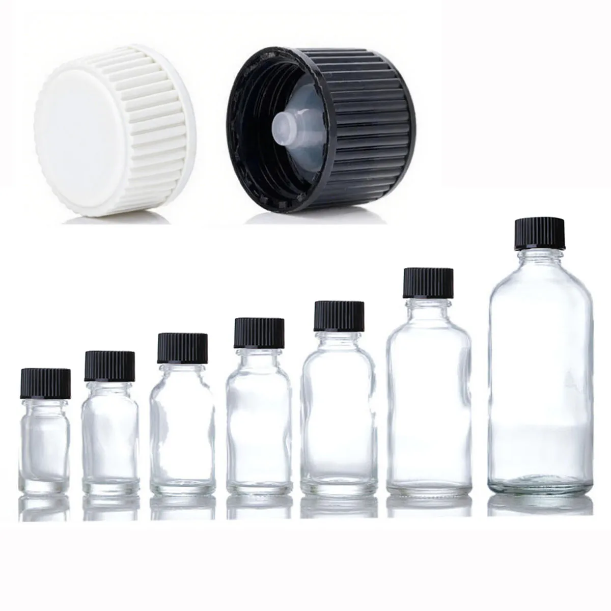 5/10/15/20/30/50/100ml Clear  Dram Glass Bottle with Screw Cone Caps with Cone liner polycone Black / White cap