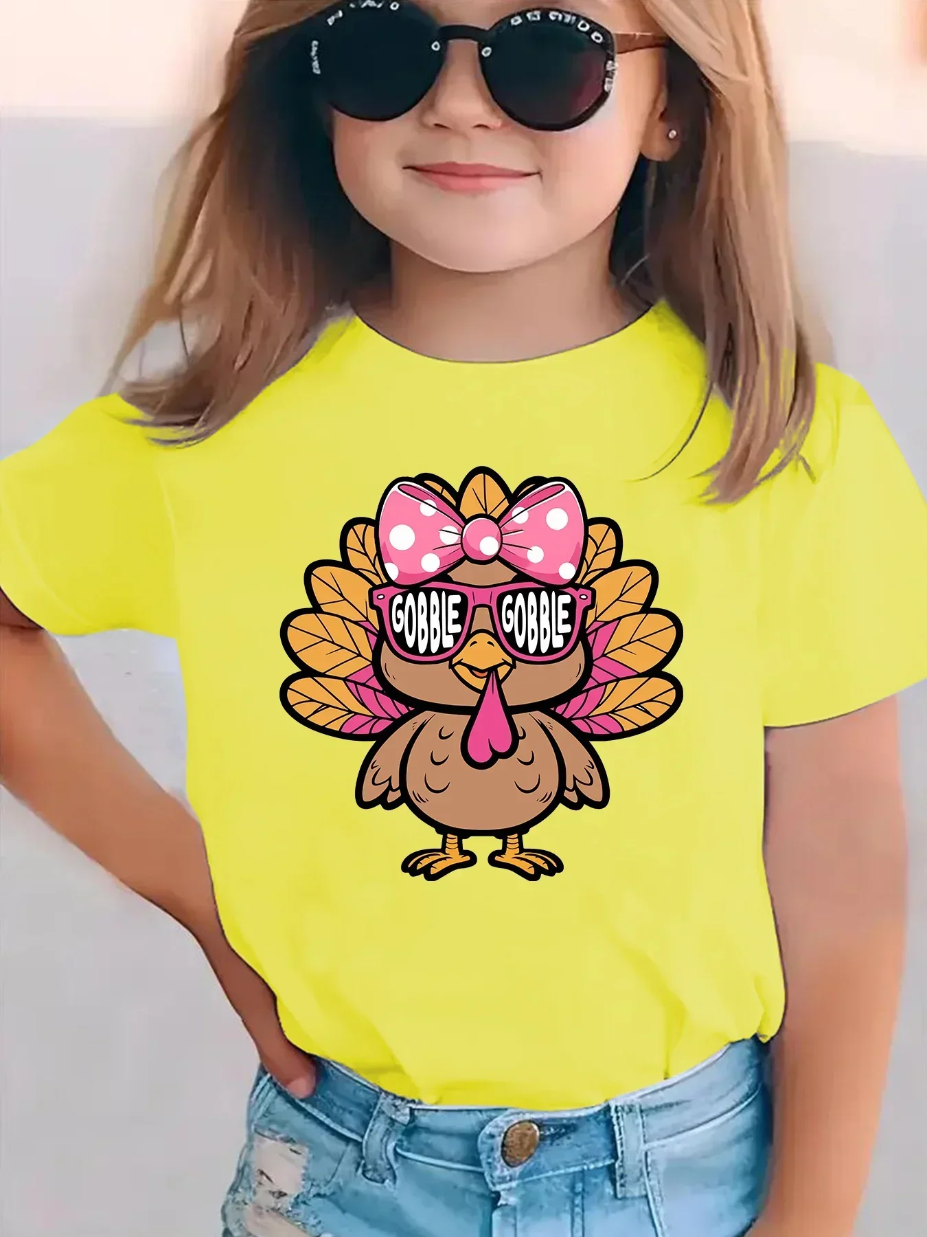 Thanksgiving Holiday Kids Tee Fashion Girl Turkey Character Gobble Text Pink Bow Leaf Design Girls Fall Short Sleeve Fashion Top