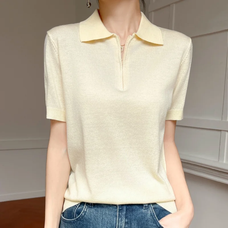 Women Fine Wool Silk Bleed T-shirt Summer Short Sleeve Polo Collar Knit Tees Half Zipper Pullover Outfit Tees Basis Wear Tops