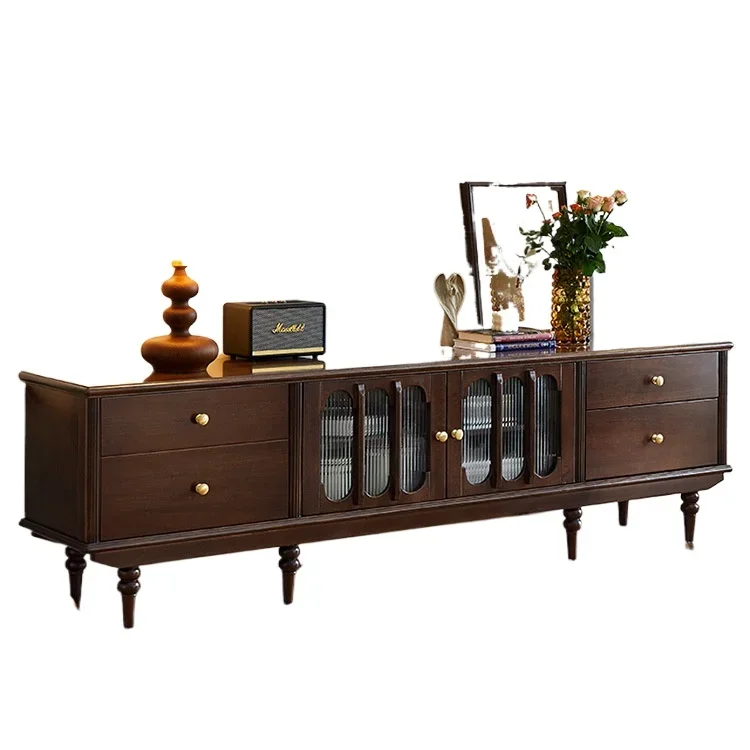 

French retro TV cabinet, coffee table combination, all solid wood American light luxury, pure log walnut color