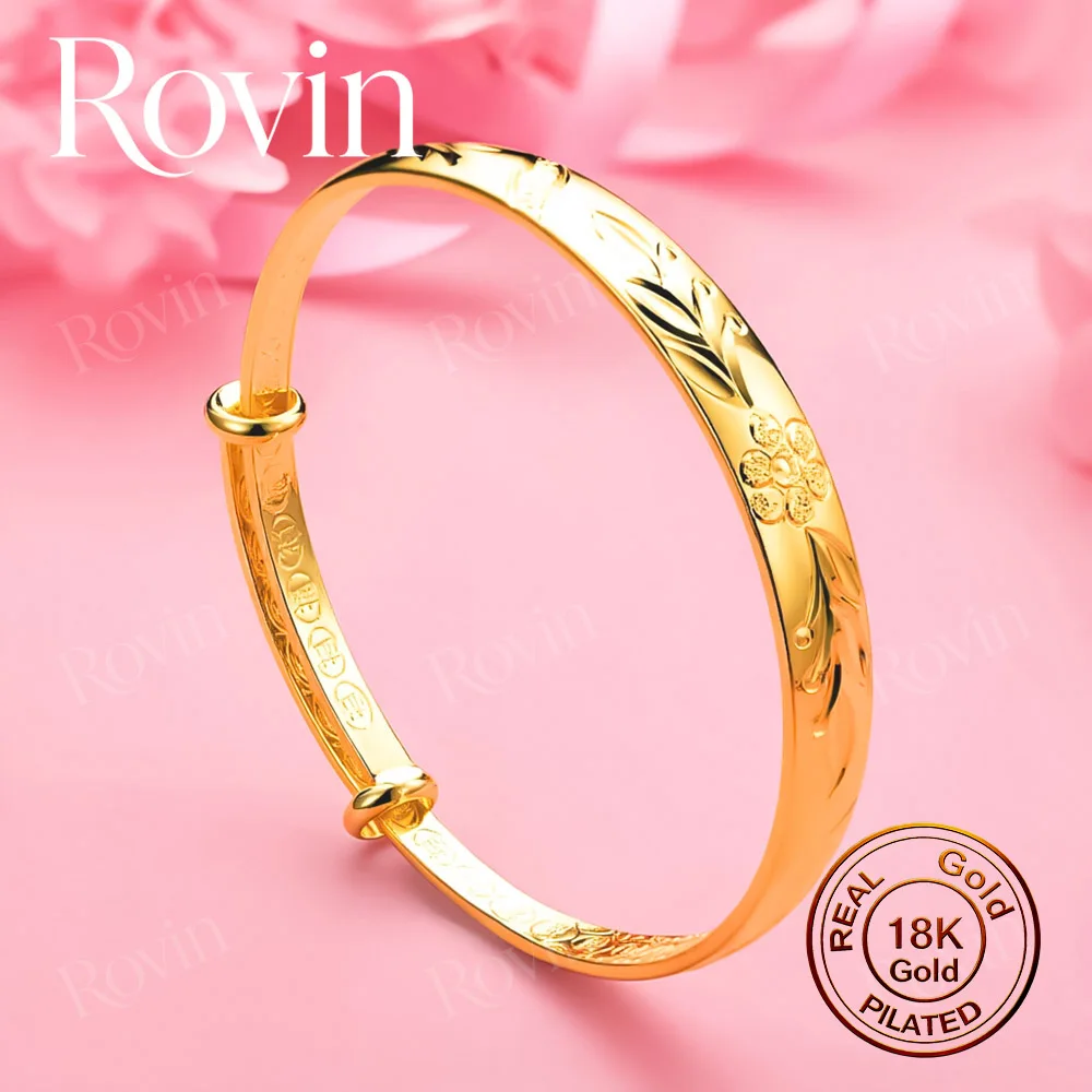 18K Gold Exquisitely Engraved Adjustable Bracelet – Stylish Women's Accessory for Weddings and Parties