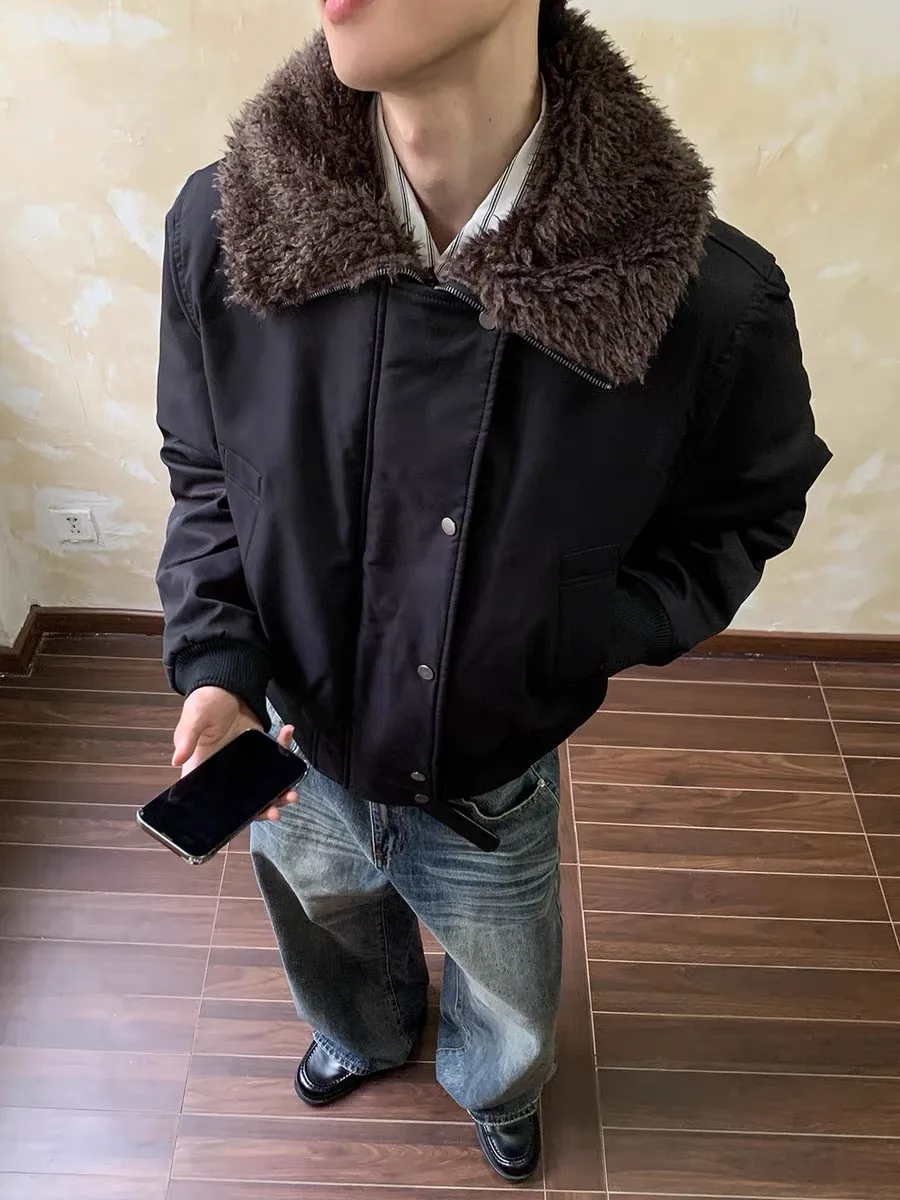 

Retro American Collar Warm Fur Collar Cotton Jacket Men's Winter Commute Versatile Cleanfit Short Wide Cotton Coat