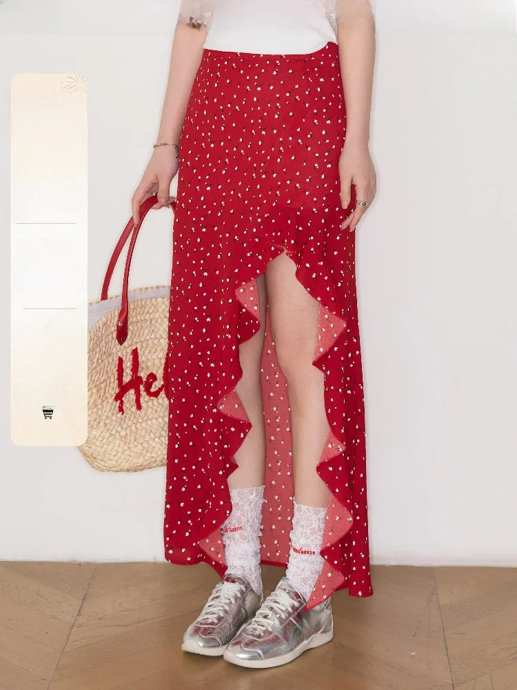 Falda de talla grande con estampado floral, dobladillo asimétrico y grandes volantes para mujeres con curvas, temporada de verano, fibra de poliéster, Sandal pe...