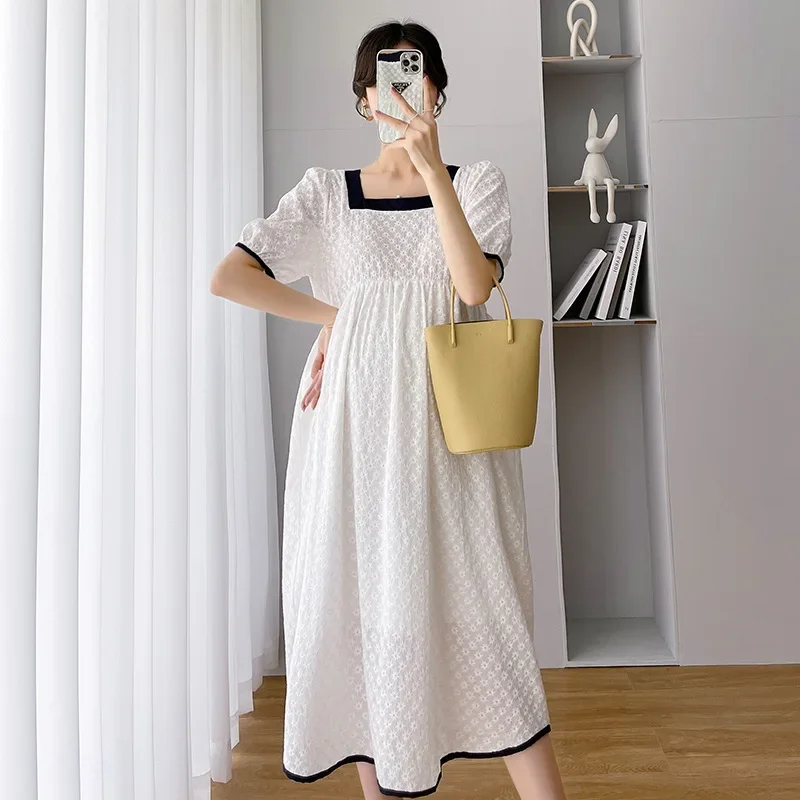 Summer New Maternity Lace Dress French Style Assorted Square Collar Embroidery 2022 Mid-length Plus Size Pregnancy Skirt Casual