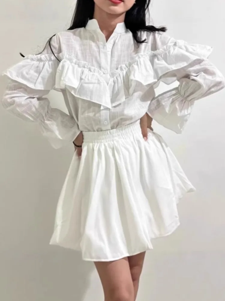 Frau Elegante Solide Hemd Mode V-ausschnitt Ausgestellte Ärmel Lose Top Frühling Herbst Dame Ausländischen Stil Rüschen Rand Spleißen Blusen