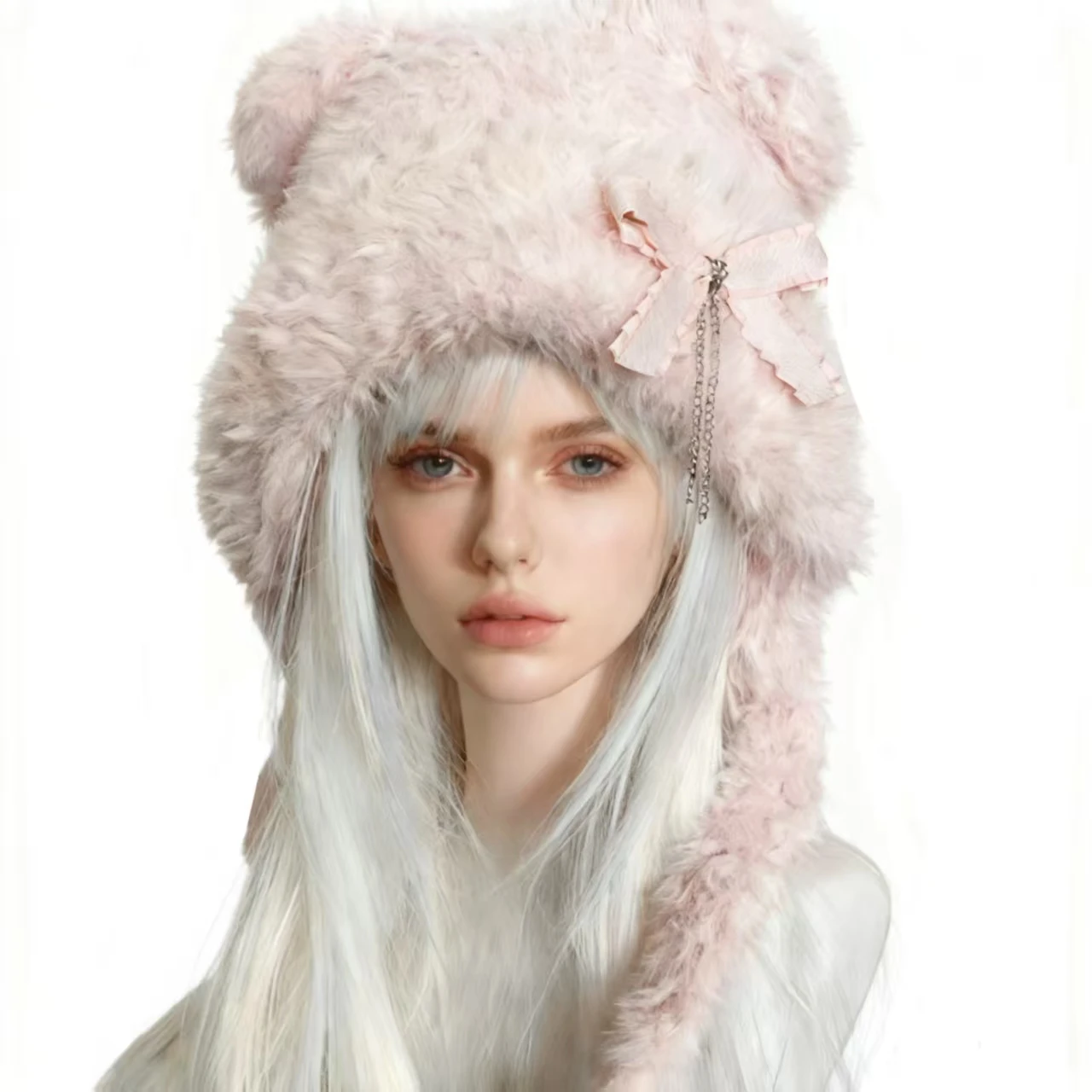 

Women's Winter Bear Ear Beanie with Bow - Soft Knitted Bobble Hat, Cute Pom Pom Beanie for Cold Weather Y2K Accessories