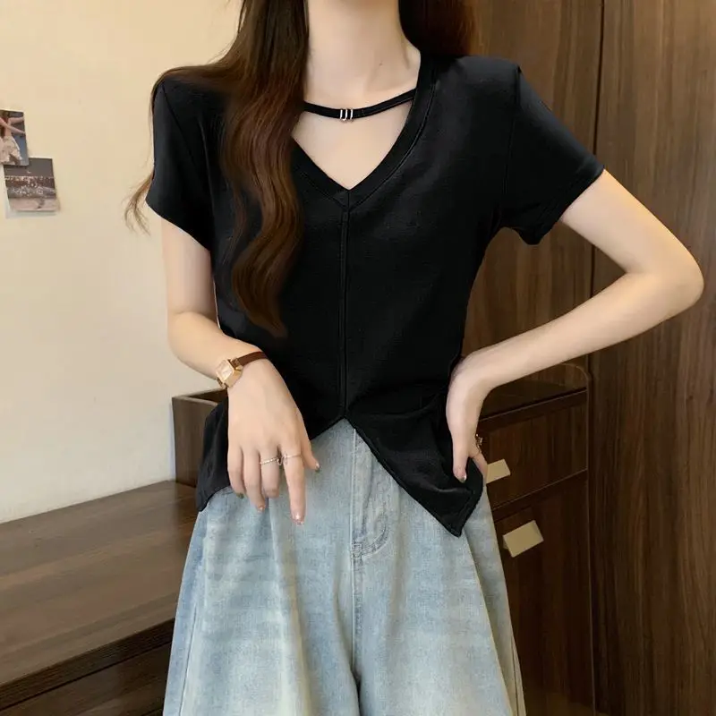 Women Summer Simplicity Slim Solid Color Irregular V-neck Short Sleeve T-Shirt Women Clothes Casual All-match Appear Thin Tops