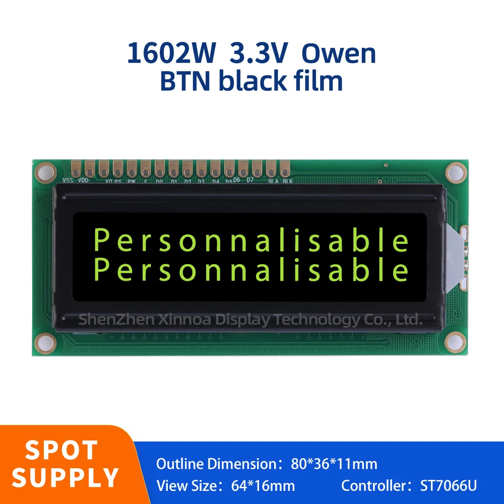 

16X2 Large Window 1602W 3.3V European Character LCD Module Display Screen BTN Black Film Yellow Text 64 * 16MM