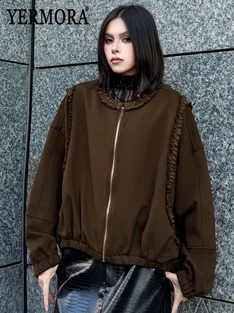 

YERMORA Coffee Ruffles Zipper Pocket Jacket For Women O-Neck Long Sleeve Loose New Coat Fashion Tide Spring Autumn 22025