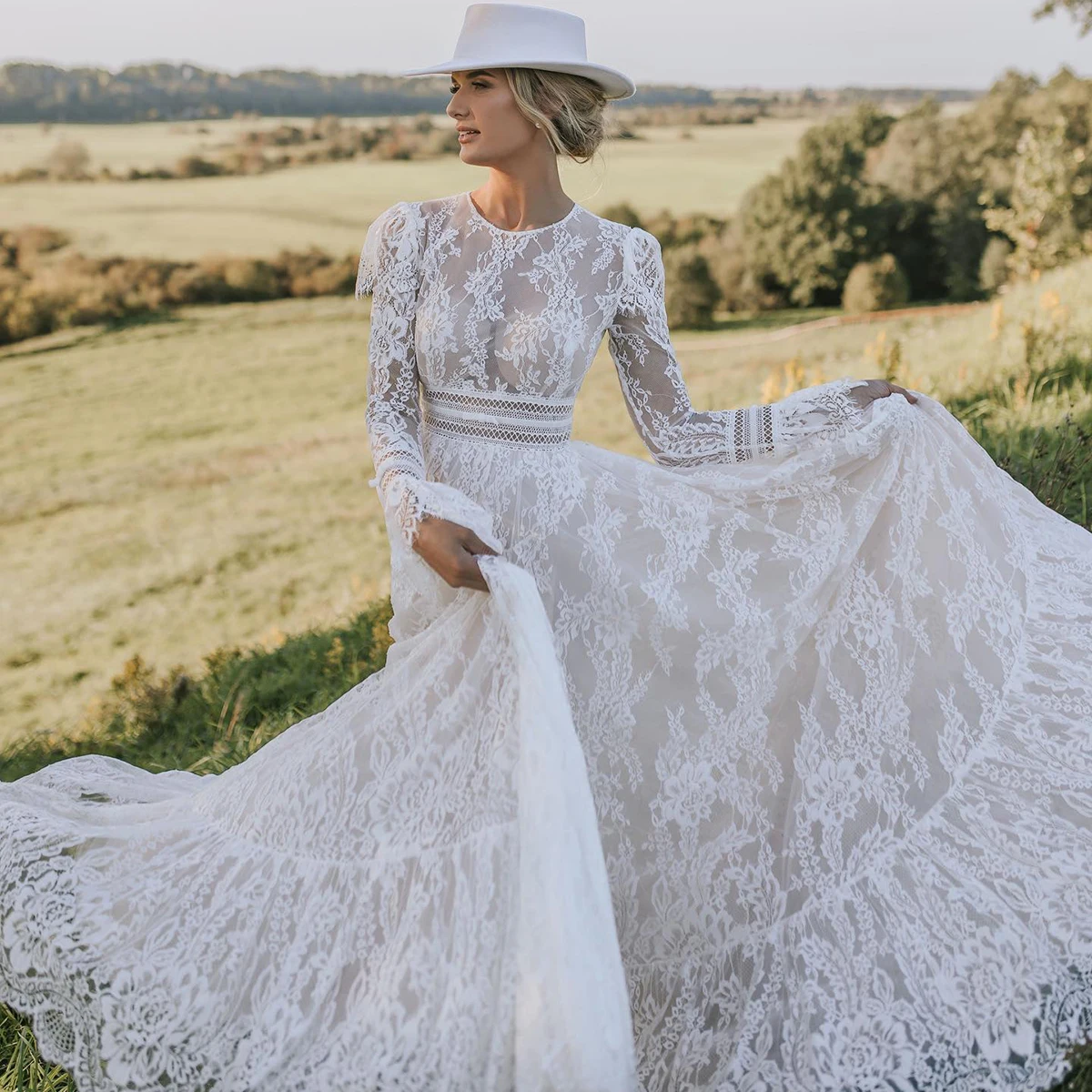 Allover Lace Round Neck Long Sleeves Wedding Dress Customized See Through Top Backless Self Tie Ribbon Drop Ship Bride Gowns