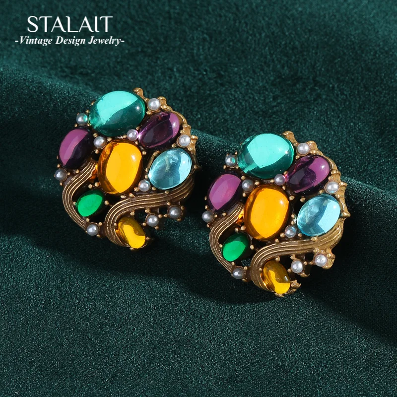 

Vintage Colorful Stud Crystal Earrings Stone Glass Grape Round Gothic Accessories Antique Woman Luxury Designer Jewelry 2025