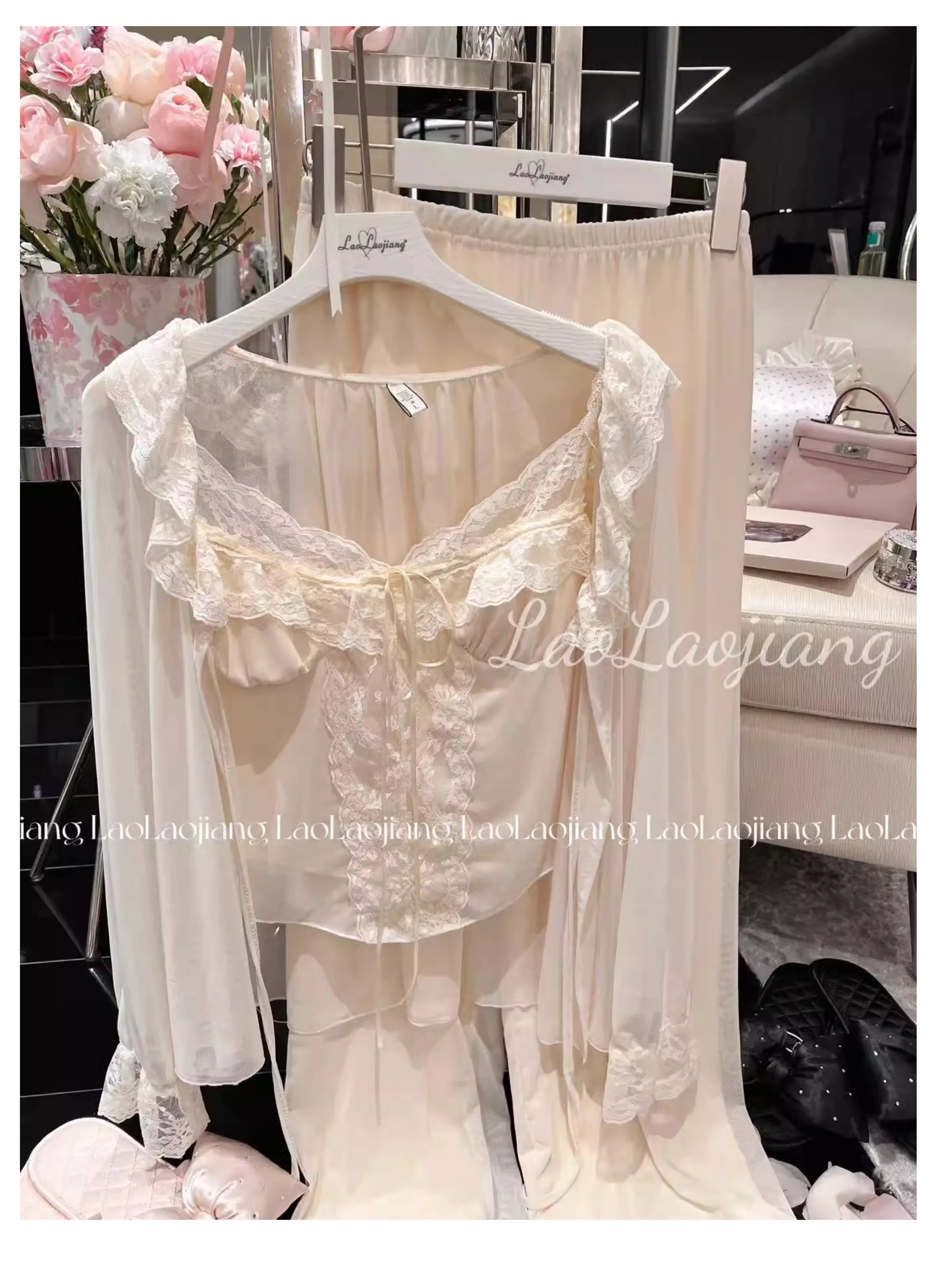 French Princess Style Sexy Modal Long-sleeved Pajamas Three-piece Set 2025 New Lace Lace Sweet Girl Comfortable Soft Loungewear