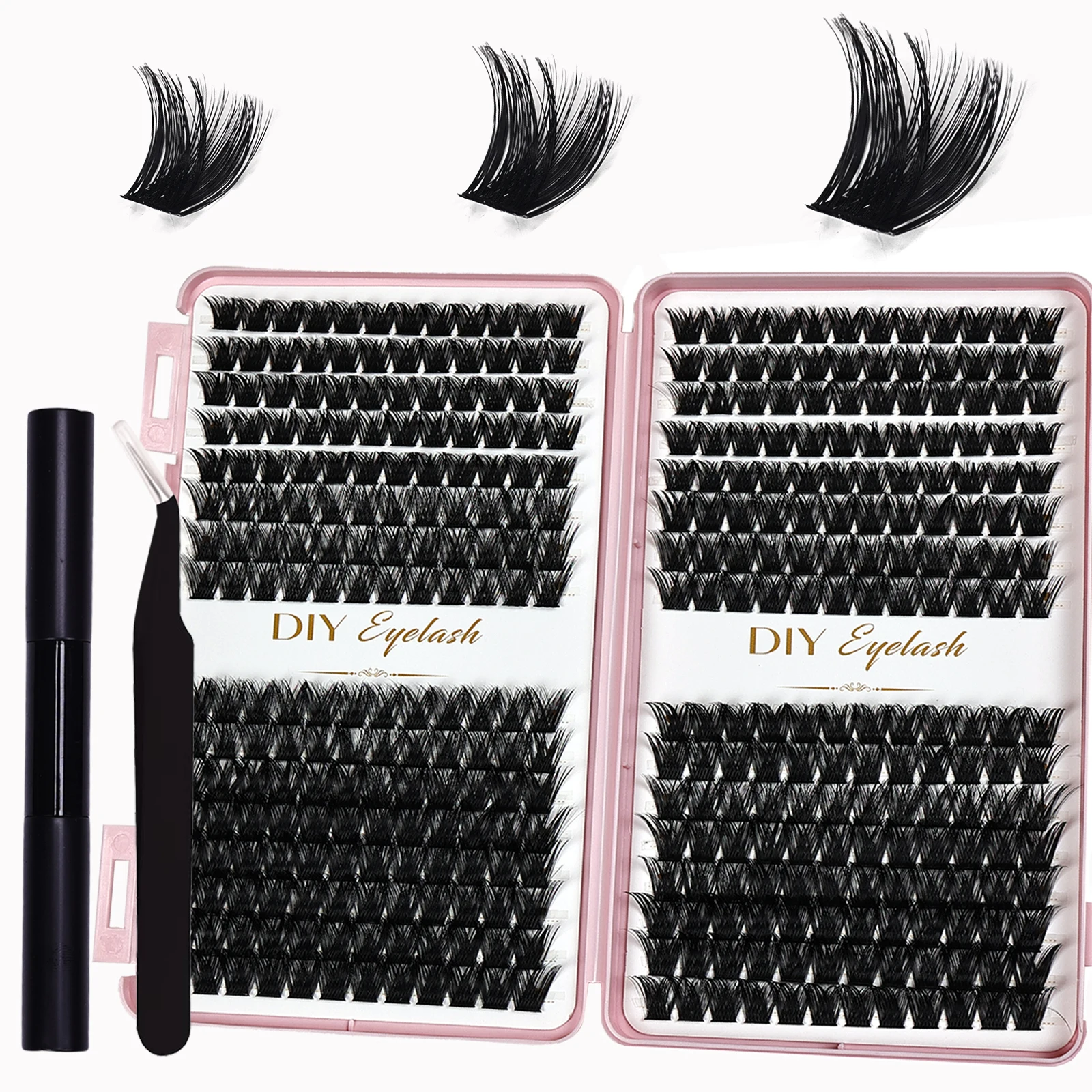 DIY Eyelash Extension Kit - 384pcs D Curl Cluster Lashes, Adhesive, Sealant and Tweezers for Home Use