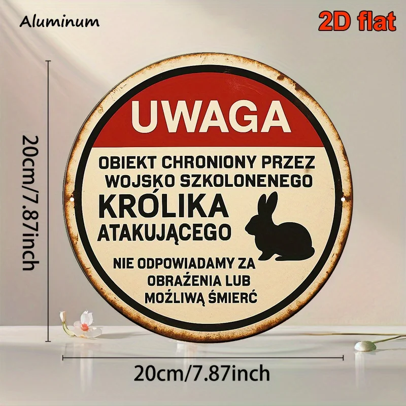 مسطح ثنائي الأبعاد، قطعة واحدة من علامة تحذير اللغة البولندية المستديرة مقاس 8 بوصات - "أرنب الهجوم المدرب" (UWAGA: Atakujacy Krolik) مع الألمانية