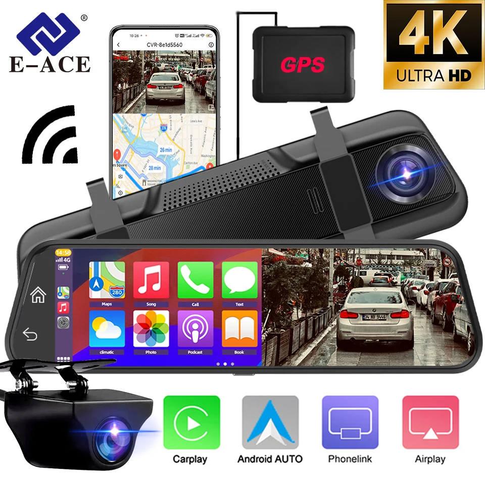 

10-дюймовый видеорегистратор Ultra 4K, автомобильный видеорегистратор Carplay, ночное видение, Ultra HD 1080P, камера заднего вида, Android-регистратор, видеорегистратор, опционально