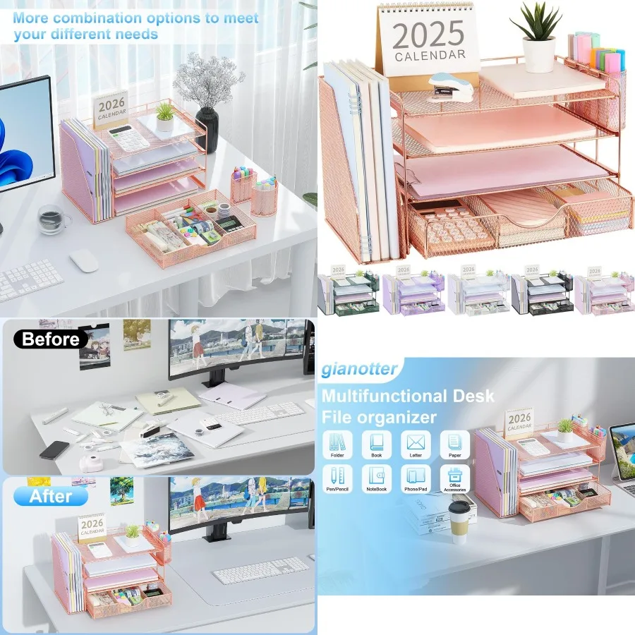 منظمات مكتب وملحقاتها مع درج حامل ملفات وحامل أقلام لتخزين اللوازم المكتبية باللون الذهبي الوردي #1