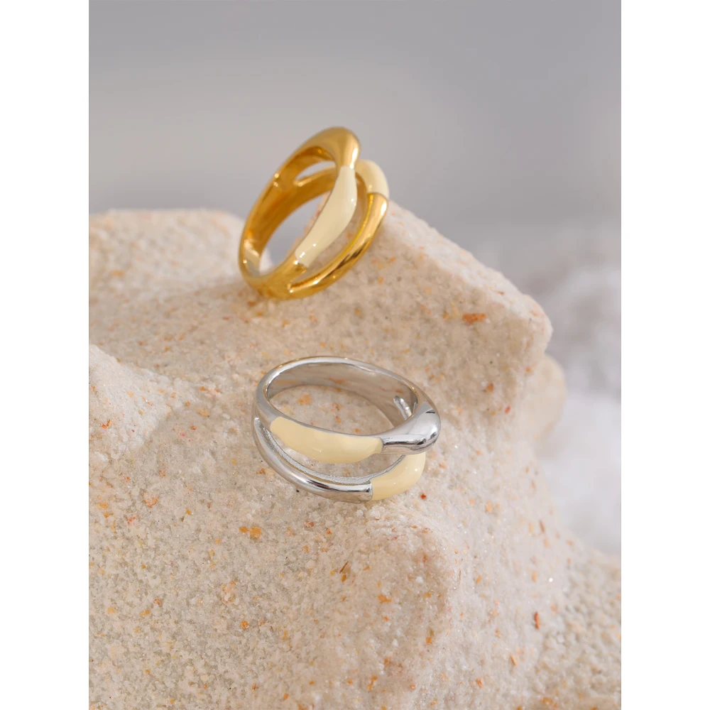 Yhpup Stainless Steel Exquisite Ring Beige Enamel Fashion 18k Gold Platinum PVD Plated Daily Finger Jewelry Bijoux for Women